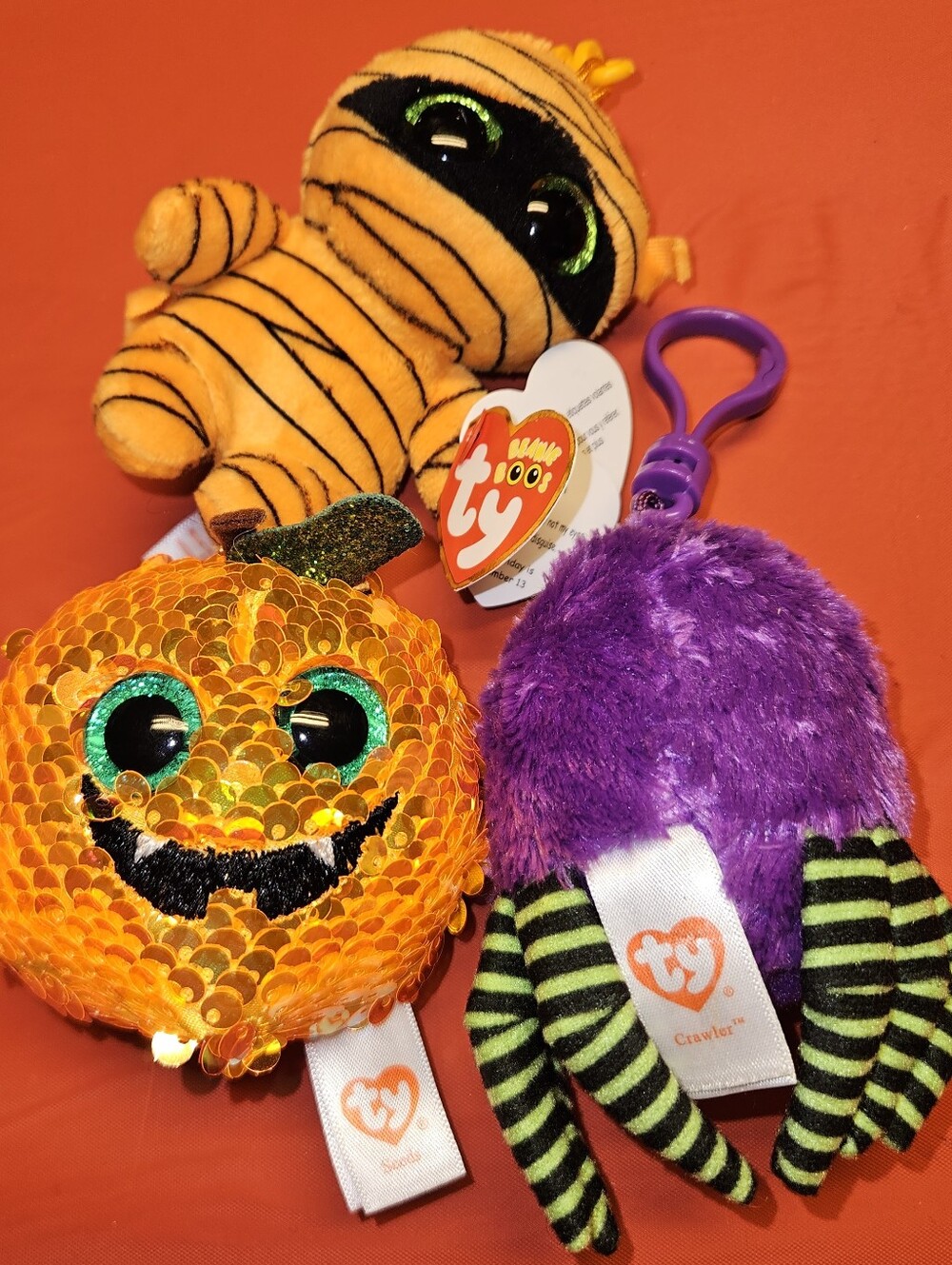 Ty Plush Halloween Trio - 2 Keychain Mask & Crawler-1 Glitter Pumpkin Seeds EUC